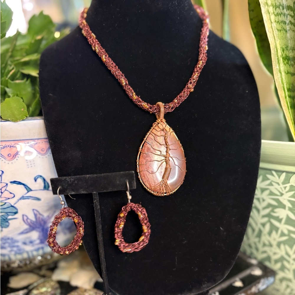 copper wrapped jasper tree of life necklace & earrings